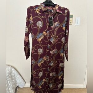 Ralph Lauren Burgundy and Gold Women's Belting-Print Crepe Shirtdress. Sz 2 NWT